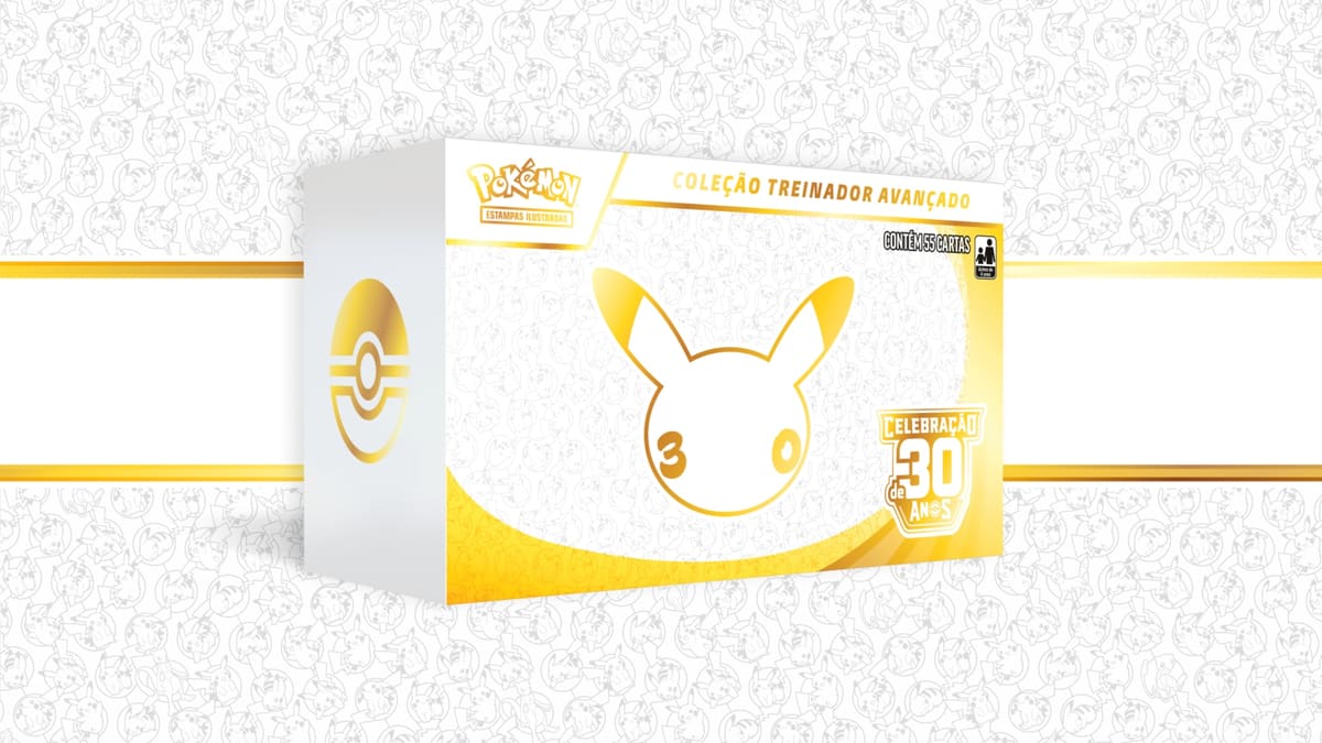Caixa da Coleção Treinador Avançado de Celebração de 30 Anos do Pokémon Estampas Ilustradas, embalagem brasileira com 55 cartas