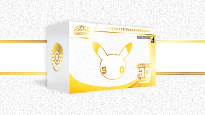 Caixa da Coleção Treinador Avançado de Celebração de 30 Anos do Pokémon Estampas Ilustradas, embalagem brasileira com 55 cartas