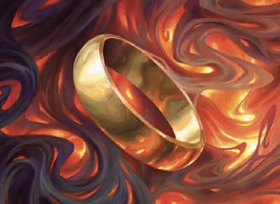 Arte oficial da carta The One Ring, de Magic: The Gathering, ilustrada por Veli Nyström; a carta foi banida no formato Historic do MTG Arena