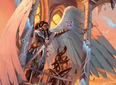 Arte oficial da carta Lyra, Tolarian Archangel, da coleção Reality Fracture de Magic: The Gathering, ilustrada por Victor Adame Minguez
