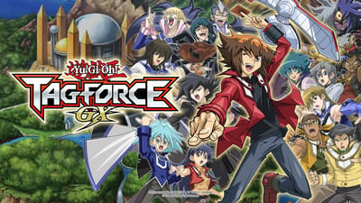 Key art oficial de Yu-Gi-Oh! TAG FORCE GX com Jaden Yuki e personagens do anime GX em frente à Academia de Duelo (Divulgação/Konami)