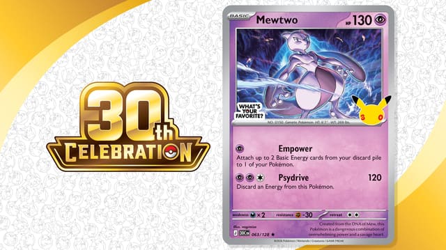 Carta promocional Mewtwo 063 da 30th Celebration com os selos de 30 anos e What's Your Favorite, ao lado do logo da coleção (Divulgação/Pokémon)