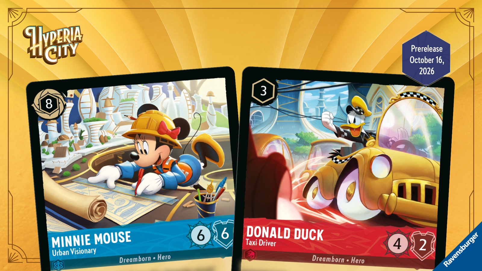 Minnie Mouse - Urban Visionary e Donald Duck - Taxi Driver, cartas de Hyperia City (Divulgação/Ravensburger, ©Disney)