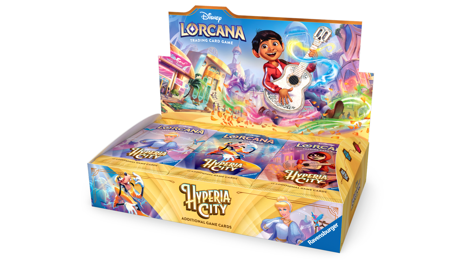 Booster Display Box e pacotes dos produtos de Hyperia City, capítulo 14 de Disney Lorcana (Divulgação/Ravensburger)