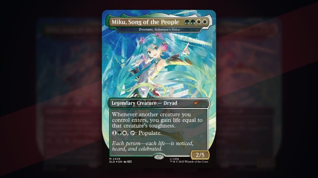 Capa: Trostani, Selesnya's Voice como Miku, Song of the People, carta do deck de Commander da Hatsune Miku no Secret Lair (Divulgação/Wizards of the Coast)