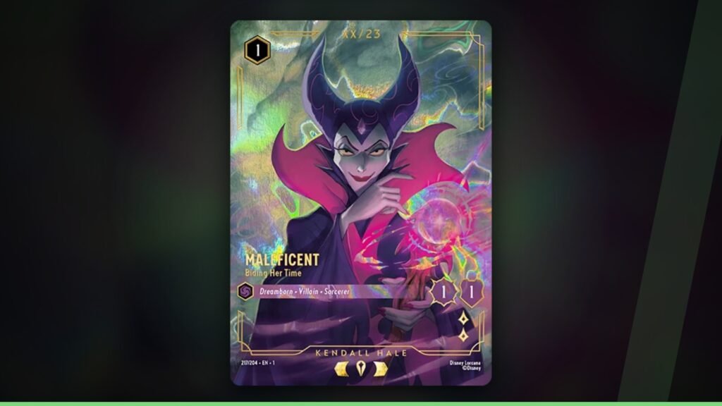Maleficent - Biding Her Time, a primeira carta Illustrious revelada no painel de Lorcana no D23 2026 (Divulgação/Ravensburger, ©Disney)