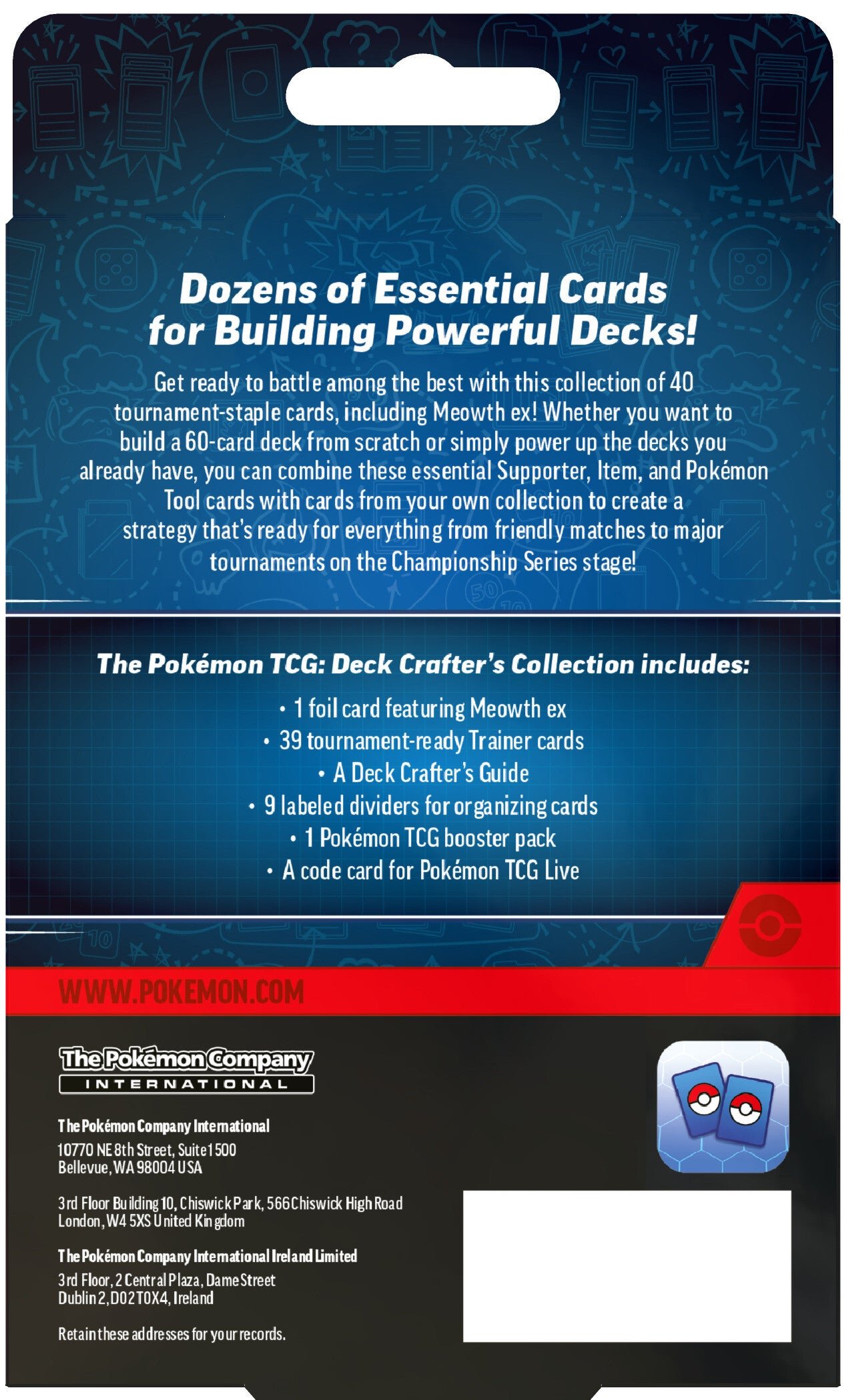 Verso da caixa do Deck Crafter’s Collection com a lista de conteúdo (Divulgação/The Pokémon Company International)